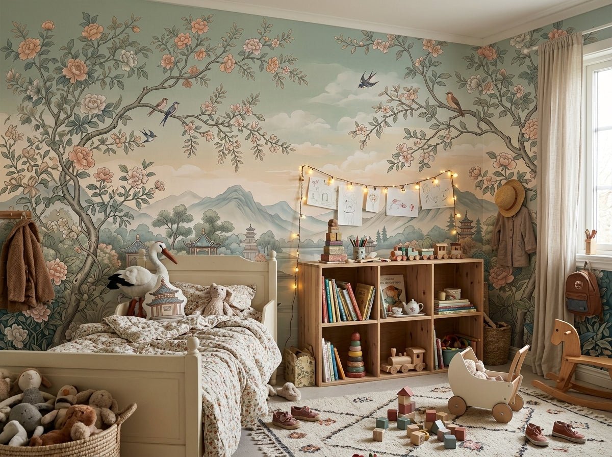 Chinoiserie landscape wallpaper in a kids room with toys.
