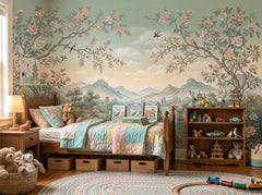 Chinoiserie landscape wallpaper in a kids room with bookshelf and toys.