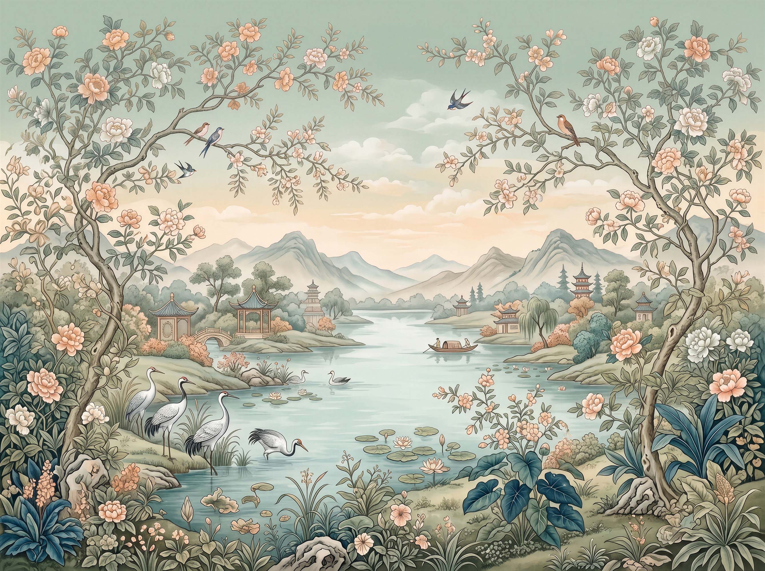 Chinoiserie wallpaper with blossoming trees, birds, cranes by a lake, pagodas and misty mountains in sage and peach.