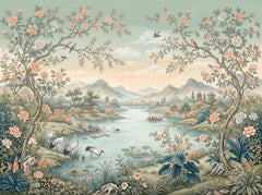 Chinoiserie wallpaper with blossoming trees, birds, cranes by a lake, pagodas and misty mountains in sage and peach.