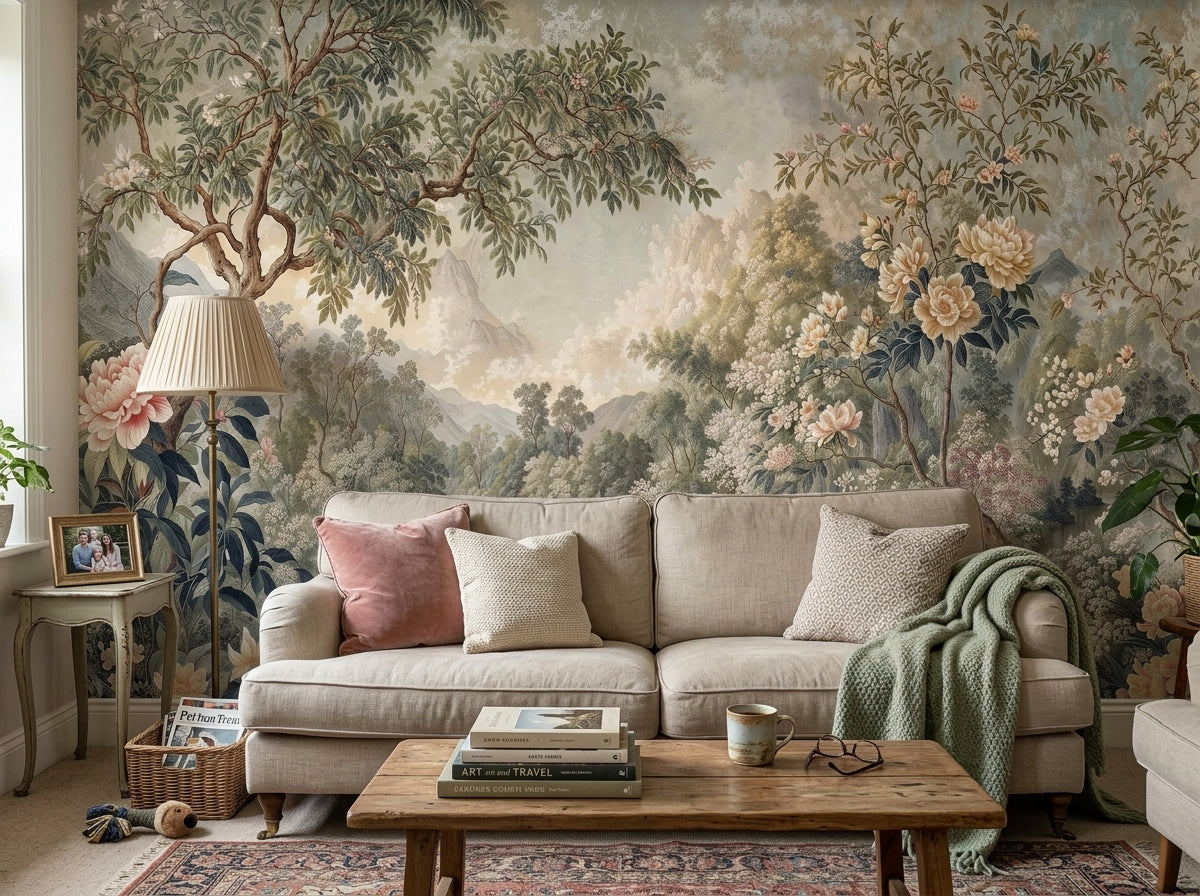 Vintage garden tapestry wallpaper in a living room with cream sofa.