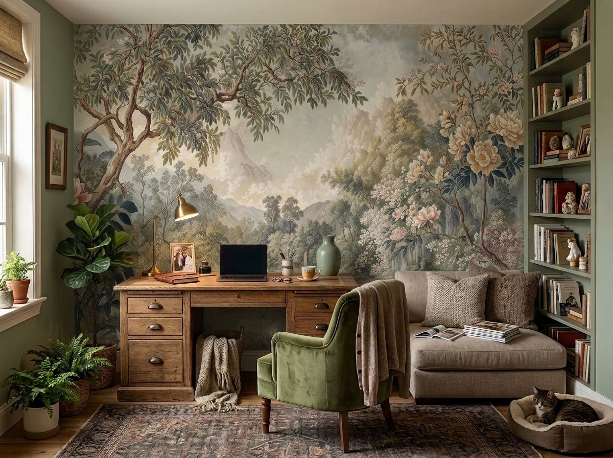 Vintage garden tapestry wallpaper in a home office with wooden desk.
