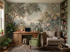 Vintage garden tapestry wallpaper in a home office with wooden desk.