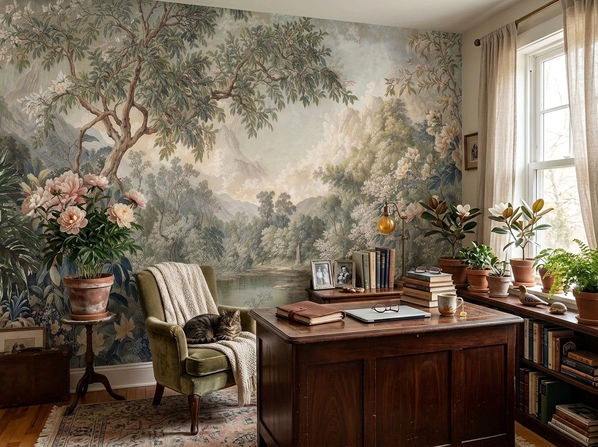 Vintage garden tapestry wallpaper in a study with green armchair.