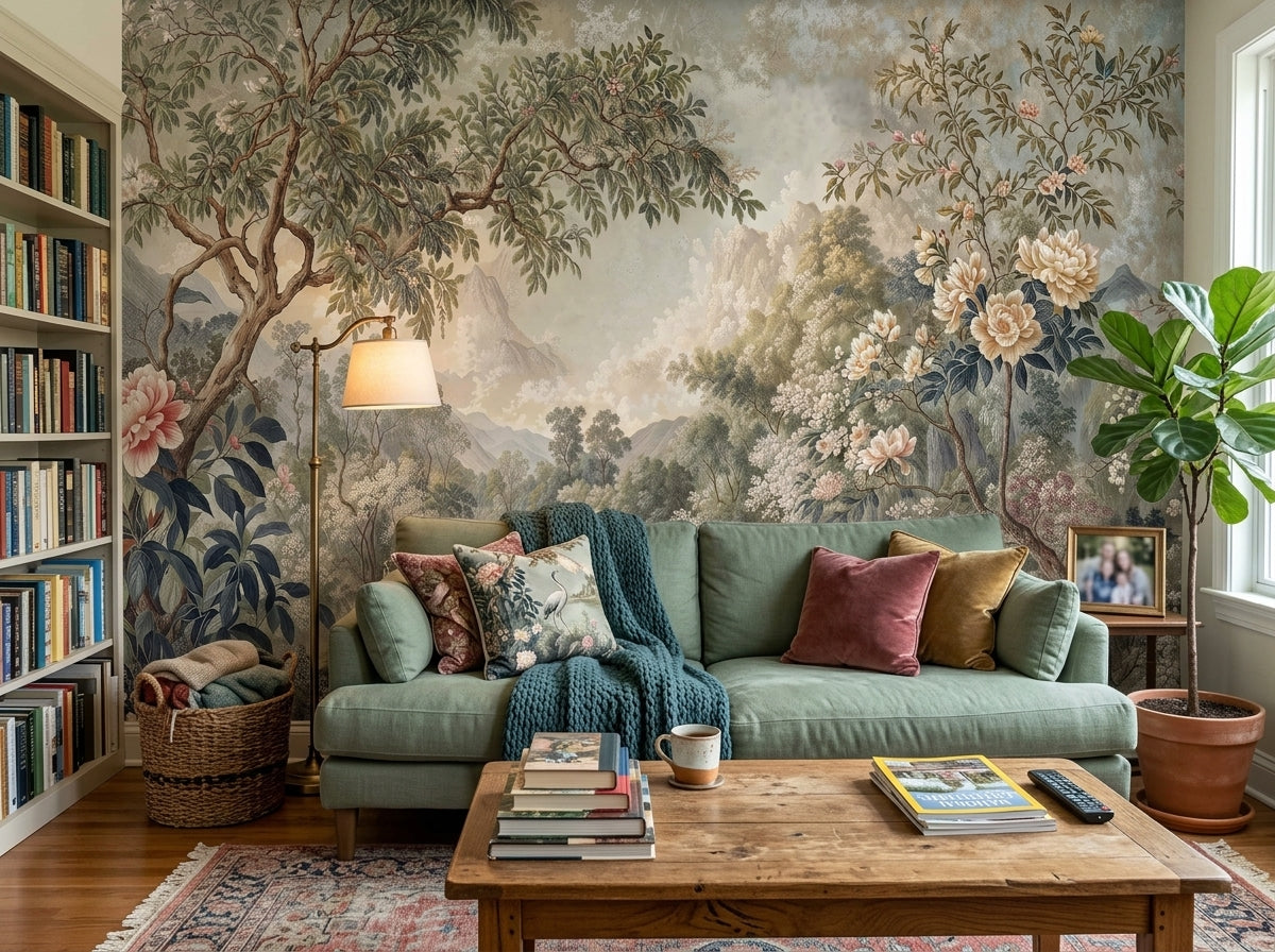 Vintage garden tapestry wallpaper behind a sage sofa in a living room.