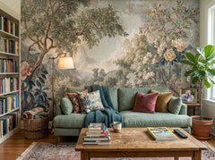 Vintage garden tapestry wallpaper behind a sage sofa in a living room.