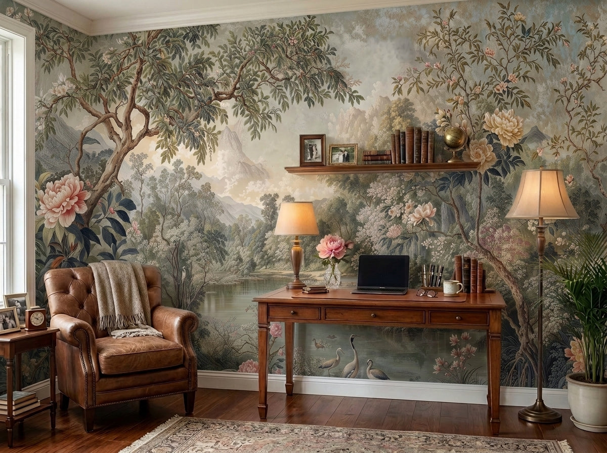 Vintage garden tapestry wallpaper in a home office with leather armchair.