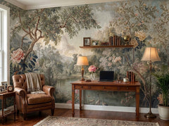 Vintage garden tapestry wallpaper in a home office with leather armchair.