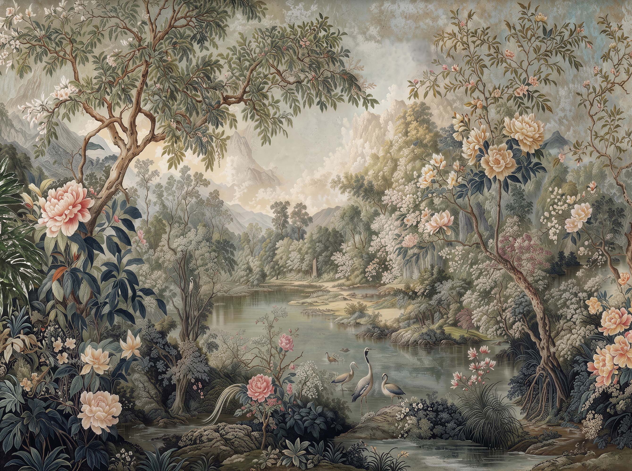 Tapestry style painted wallpaper with trees, blush peonies, a lake with herons and misty mountains.