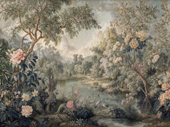 Tapestry style painted wallpaper with trees, blush peonies, a lake with herons and misty mountains.