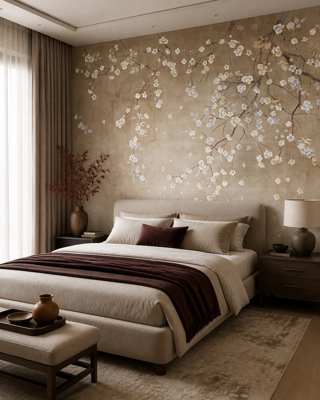 Blossoming branches on beige wallpaper in a designer bedroom.