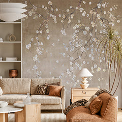 Custom Elegant Blossoming Branches on Antique Beige Wall Mural Wallpaper