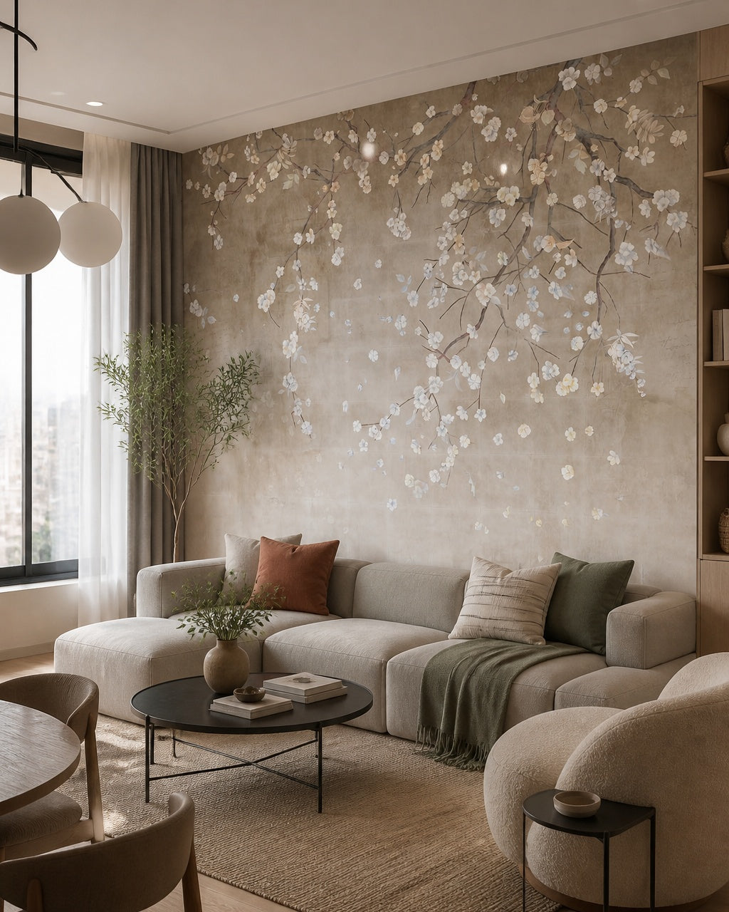 Blossoming branches on beige wallpaper in a designer living room.