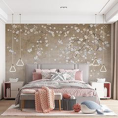 Custom Elegant Blossoming Branches on Antique Beige Wall Mural Wallpaper