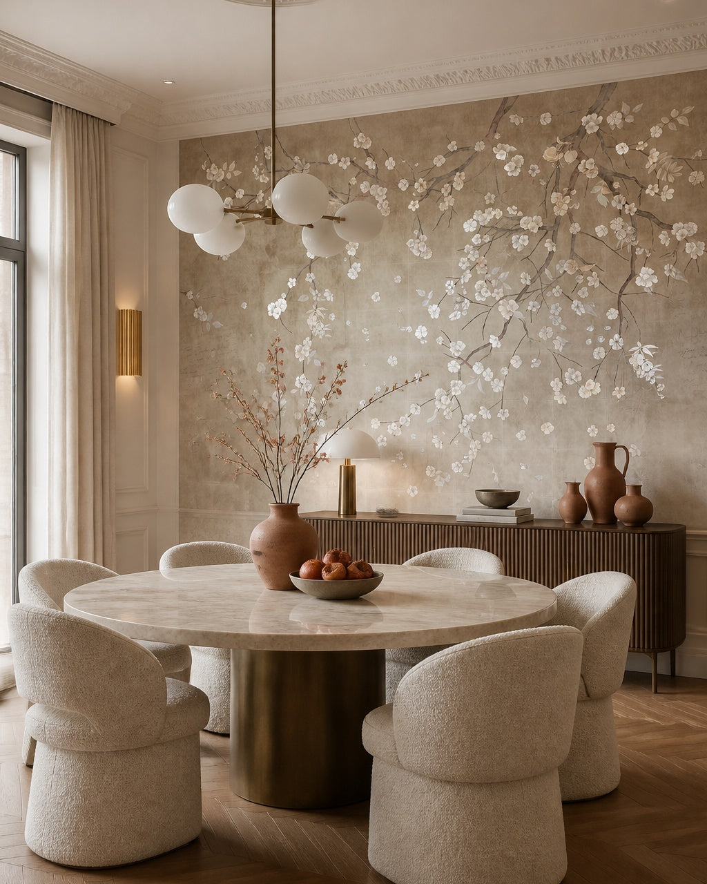Blossoming branches on beige wallpaper in a refined dining area.