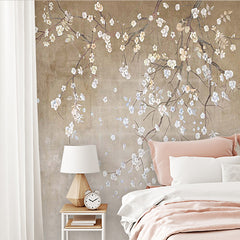 Custom Elegant Blossoming Branches on Antique Beige Wall Mural Wallpaper