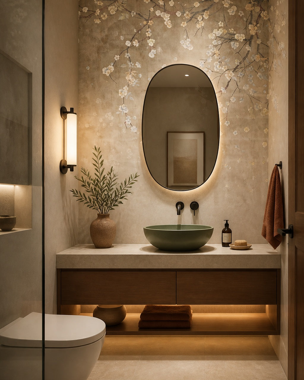 Blossoming branches on beige wallpaper in an elegant powder room.