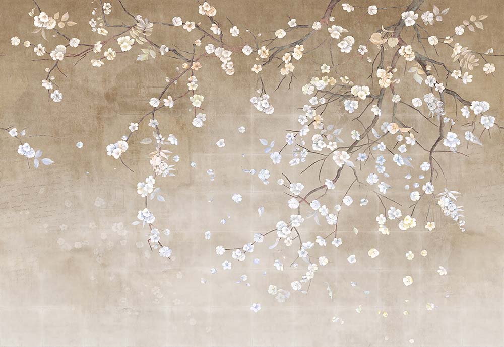 Papier peint branches fleuries sur beige – Papier peint panoramique fleurs blanches sur or ancien