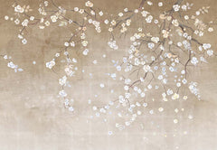 Custom Elegant Blossoming Branches on Antique Beige Wall Mural Wallpaper