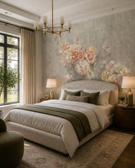Pastel floral wallpaper in a designer bedroom.