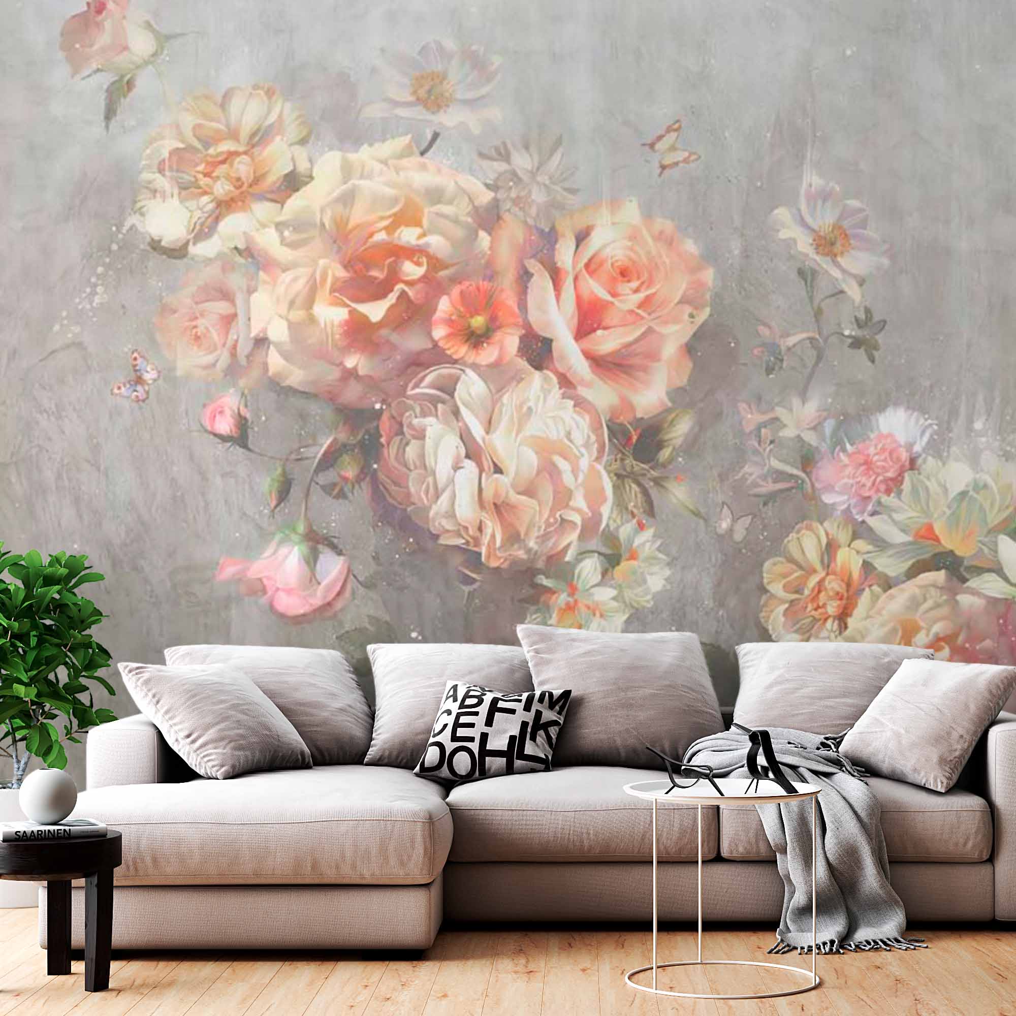 Romantic Pastel Floral Wall Mural Wallpaper with Subtle Gray Texture