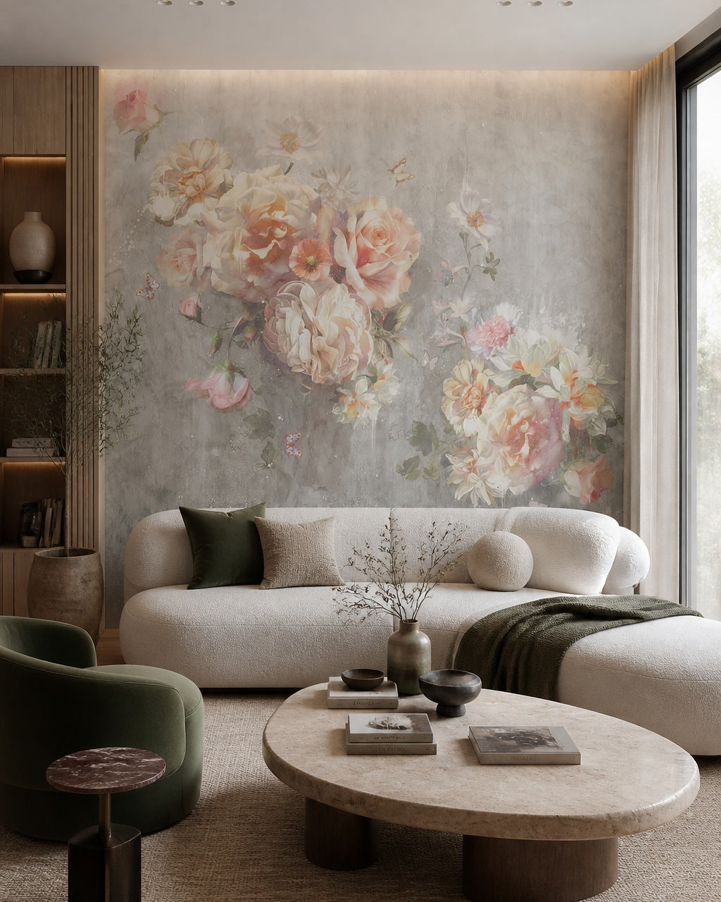 Pastel floral wallpaper in a designer living room.