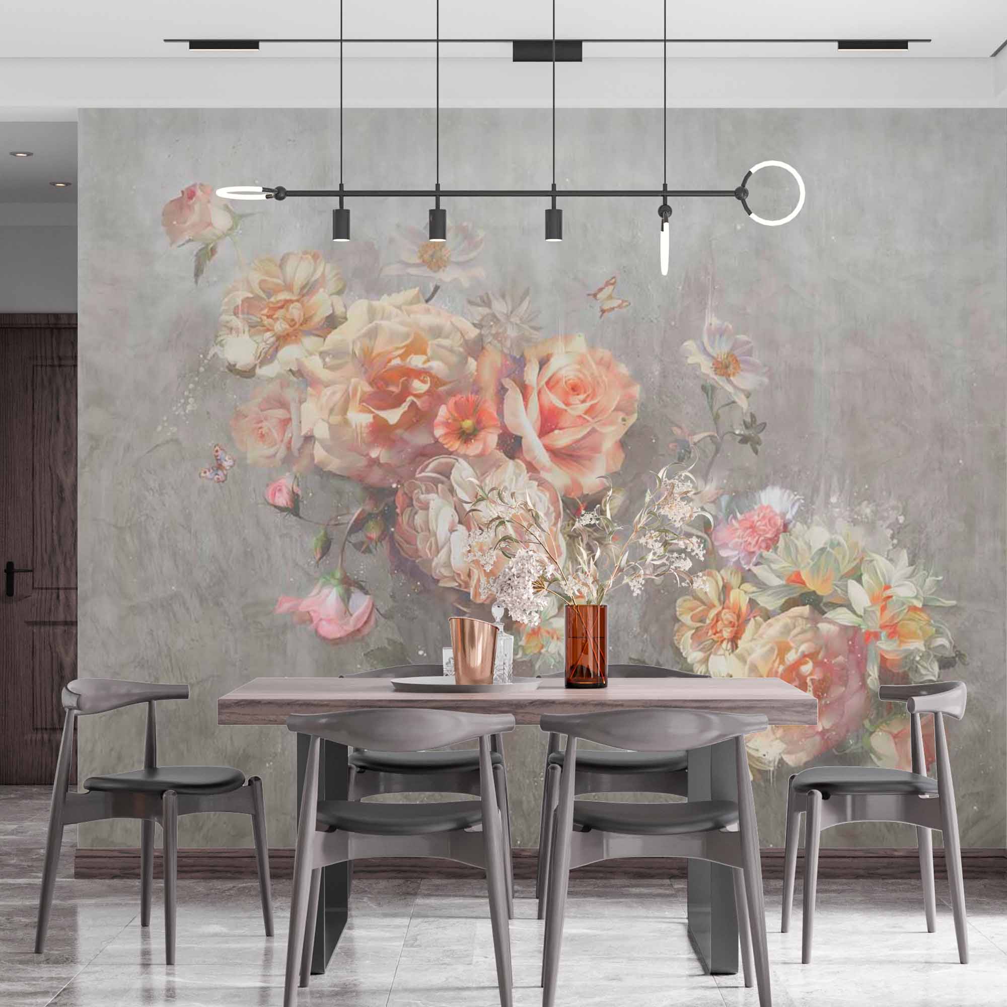 Romantic Pastel Floral Wall Mural Wallpaper with Subtle Gray Texture