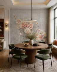 Pastel floral wallpaper in a refined dining area.
