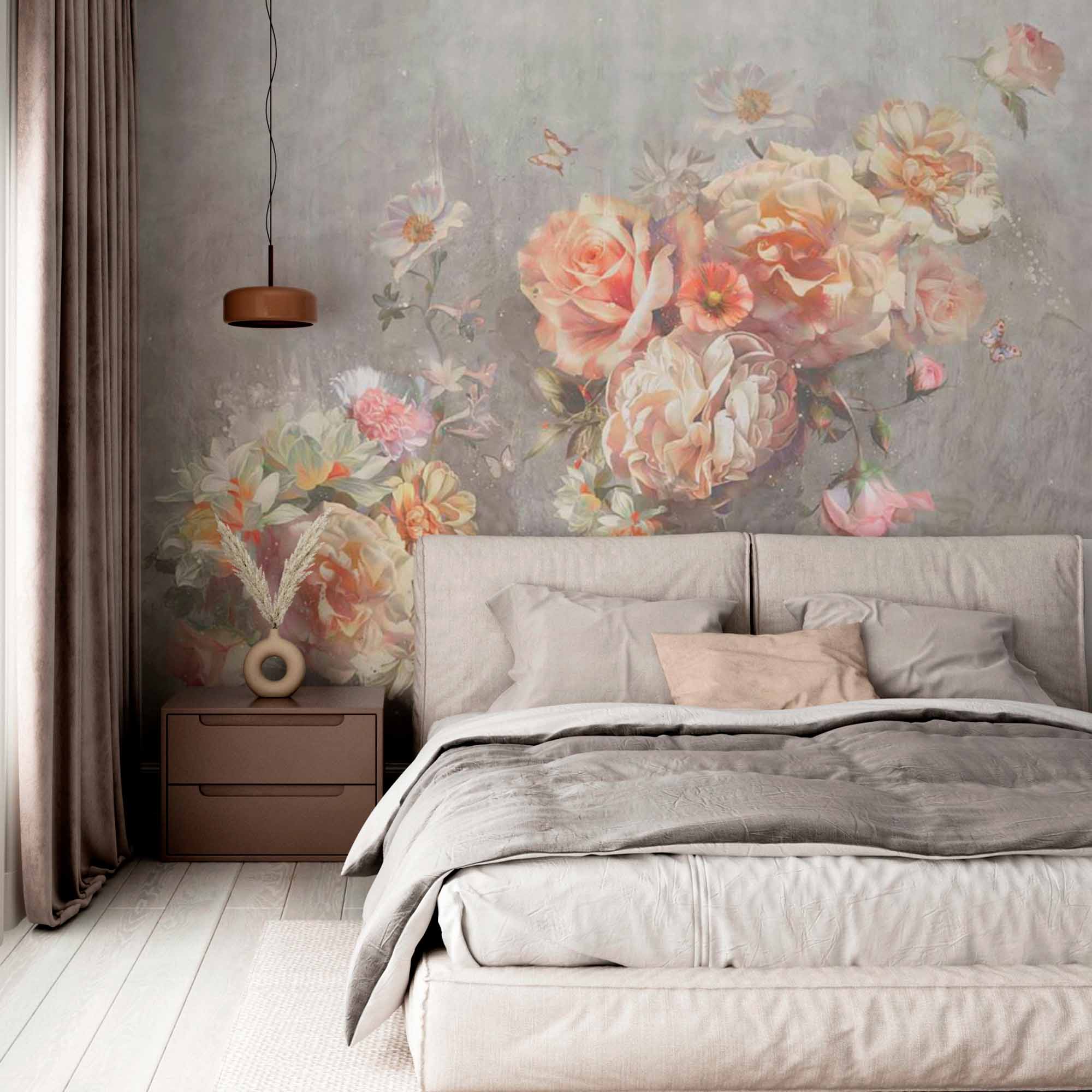 Romantic Pastel Floral Wall Mural Wallpaper with Subtle Gray Texture