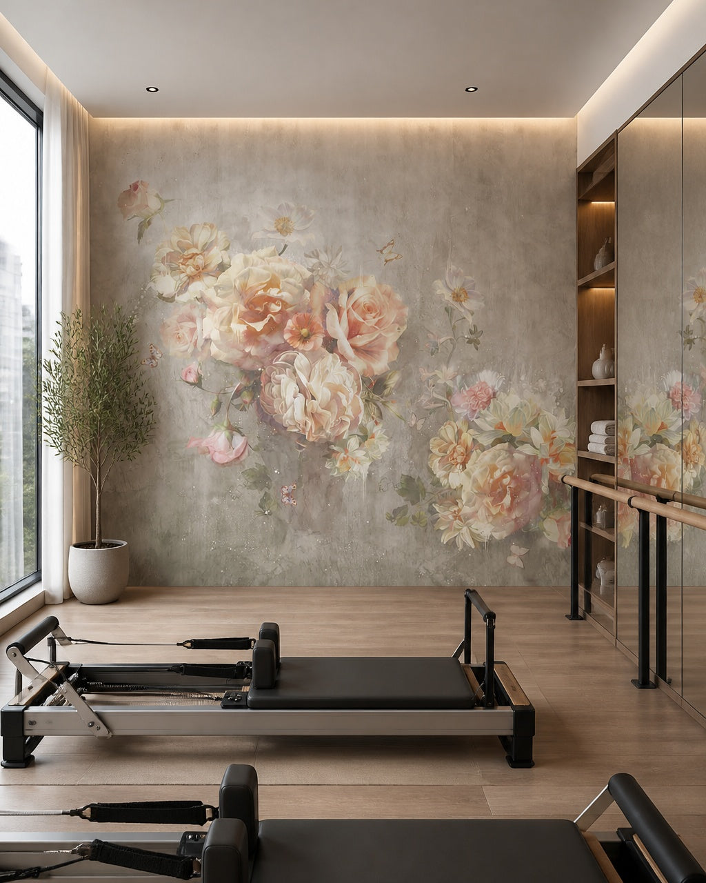 Pastel floral wallpaper in a fitness studio.