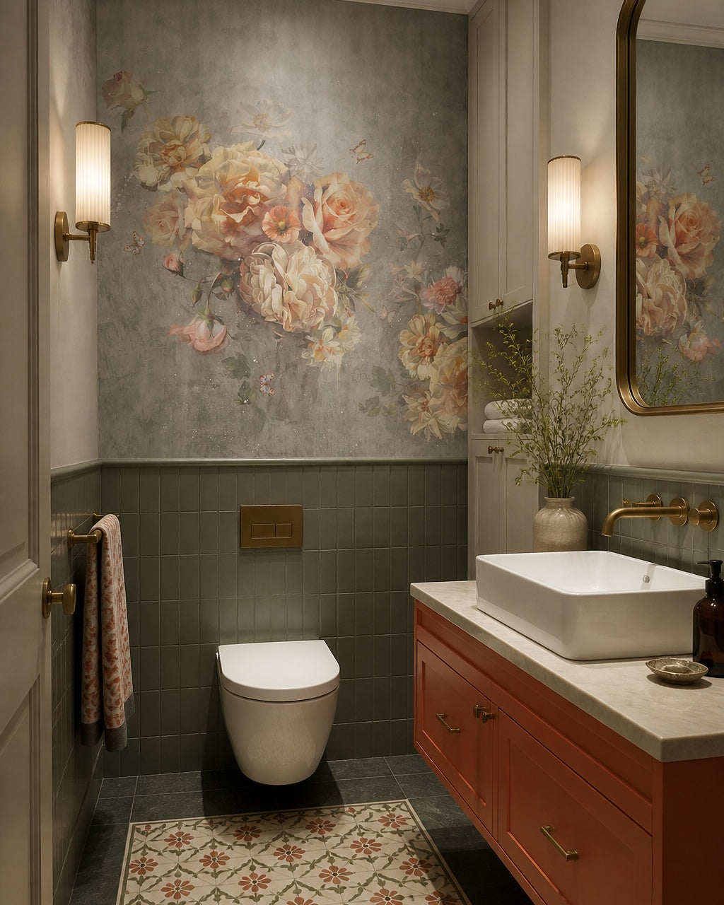 Pastel floral wallpaper in a luxury bathroom.