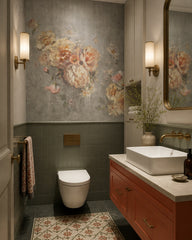 Pastel floral wallpaper in a luxury bathroom.