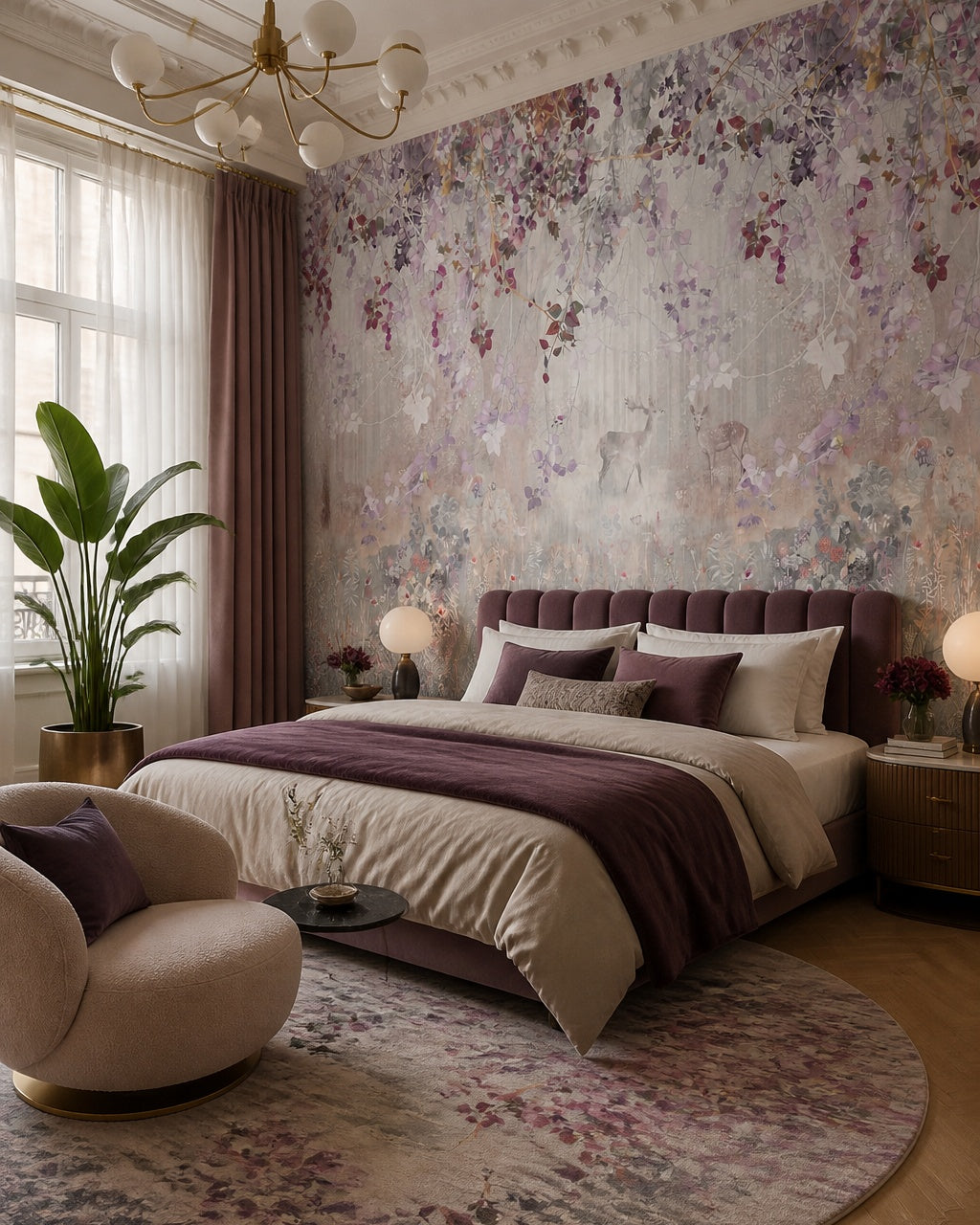 Floral canopy with deer wallpaper in a designer bedroom.