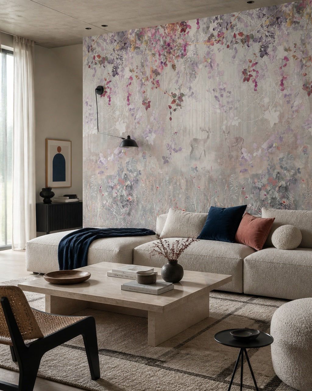 Floral canopy with deer wallpaper in a designer living room.