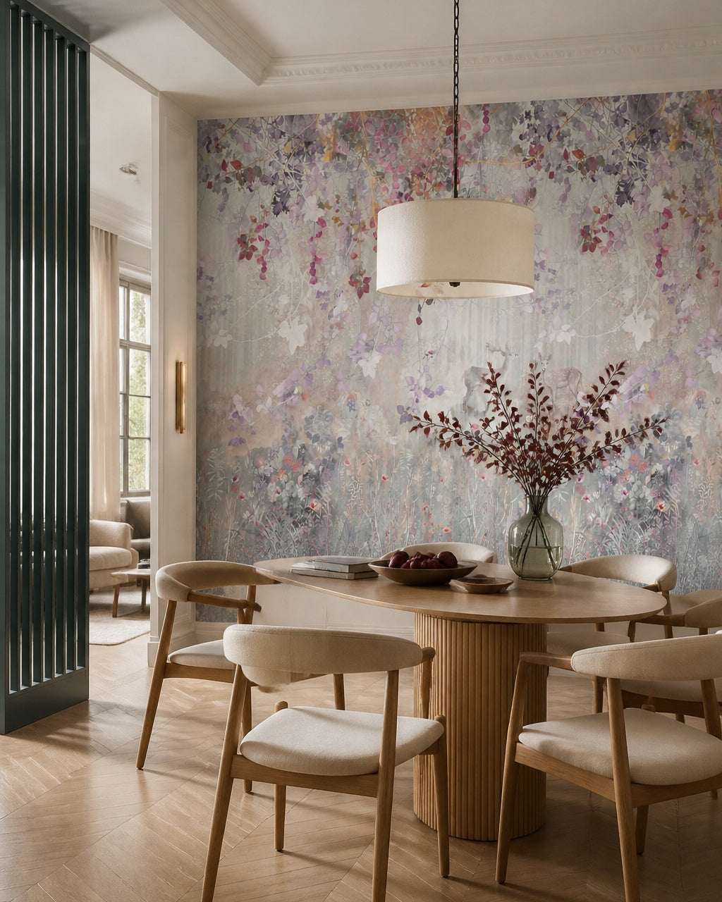 Floral canopy with deer wallpaper in a refined dining area.
