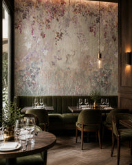 Floral canopy with deer wallpaper in a restaurant.