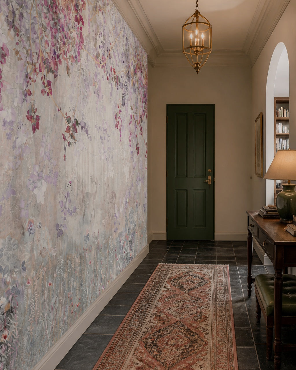 Floral canopy with deer wallpaper in an architectural hallway.