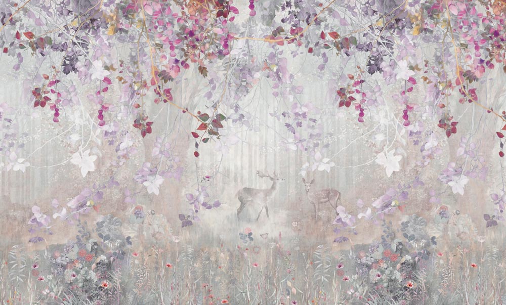 Papier peint canopée florale avec cerf – Papier peint panoramique fleurs retombantes roses et violettes