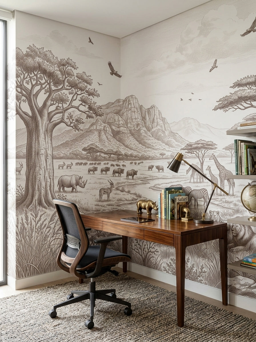 Sepia savanna wallpaper in a home office with a walnut desk and a task chair.