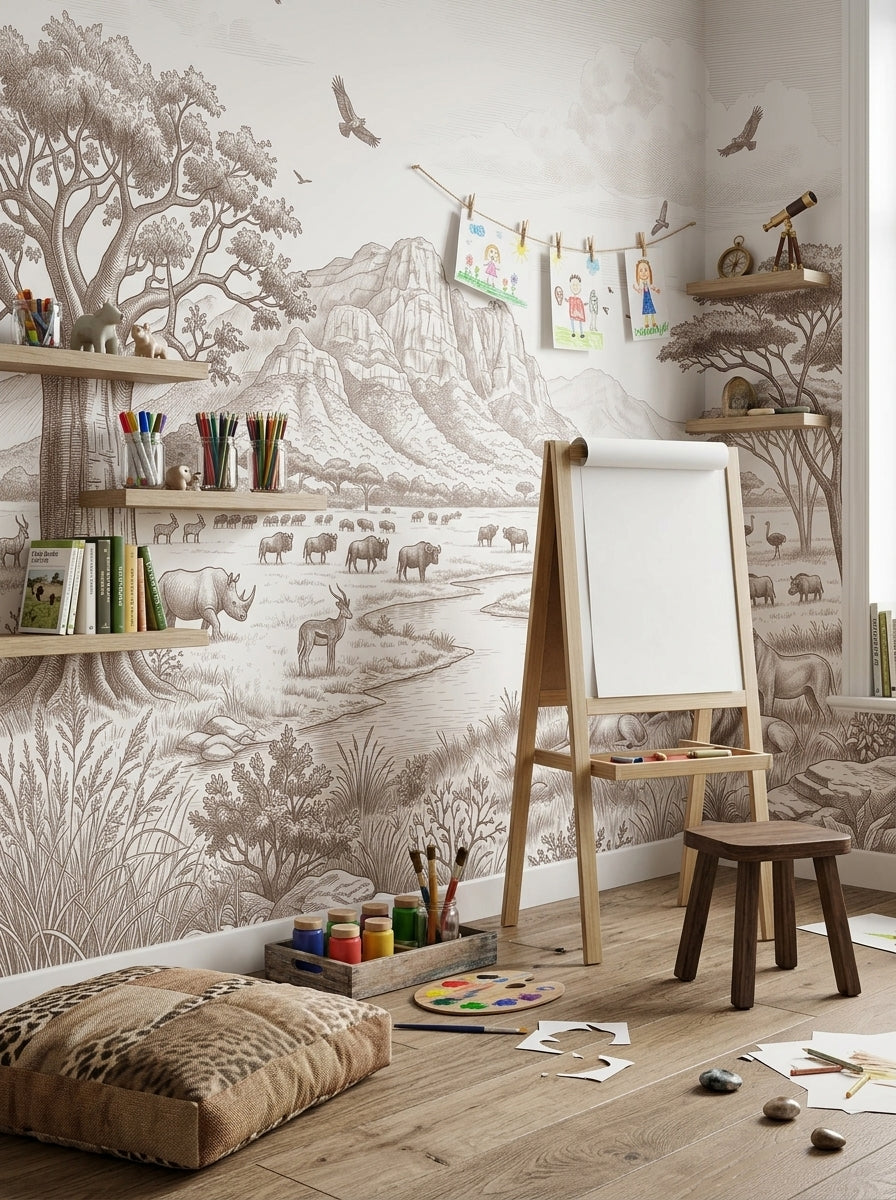 Sepia savanna wallpaper in an art corner with an easel and open shelves.