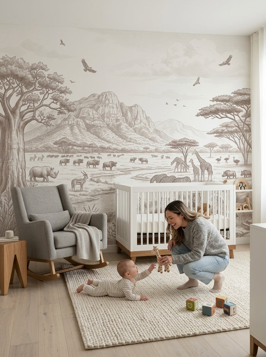 Sepia savanna wallpaper in a nursery with a white crib and a rocking chair.