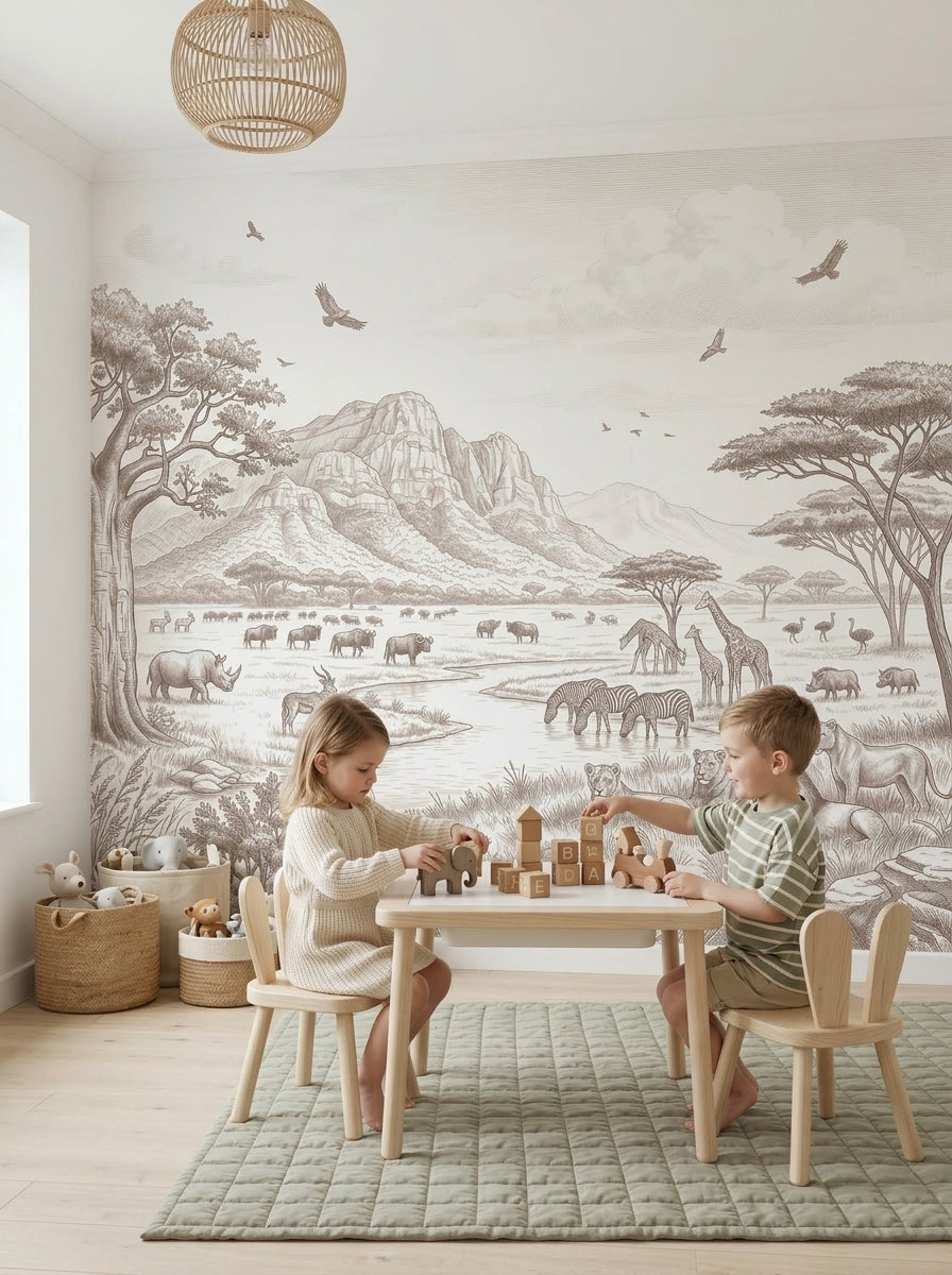 Sepia savanna wallpaper in a children’s play area with a table and wooden blocks.