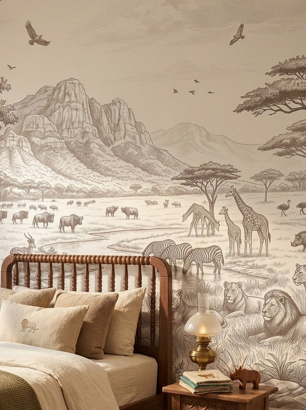Sepia savanna wallpaper behind a bed with a spindle headboard and a vintage lamp.