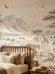 Sepia savanna wallpaper behind a bed with a spindle headboard and a vintage lamp.