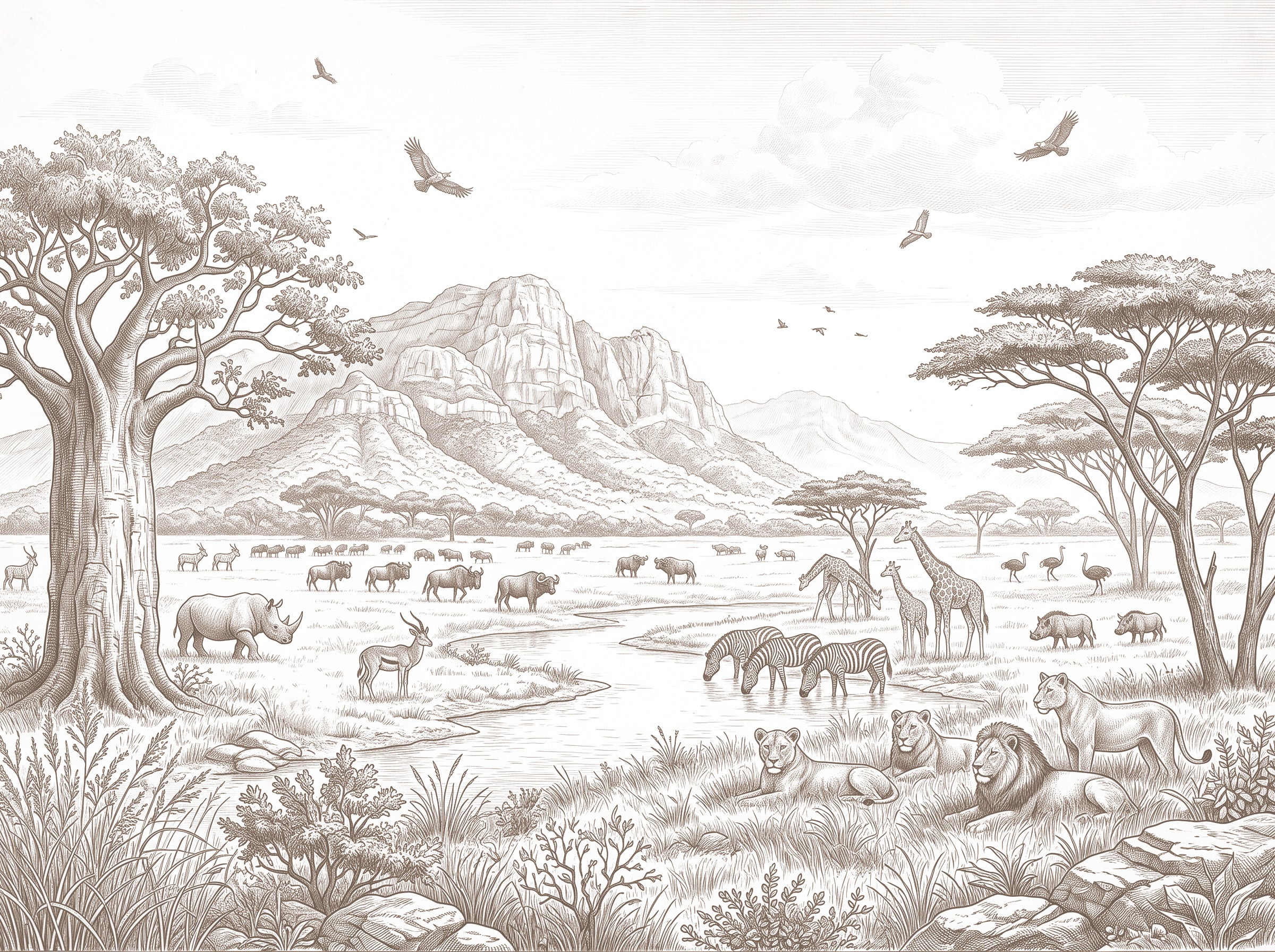 Sepia engraving-style wallpaper of the African savanna with a baobab, mountains, lions, giraffes, zebras and rhinos.