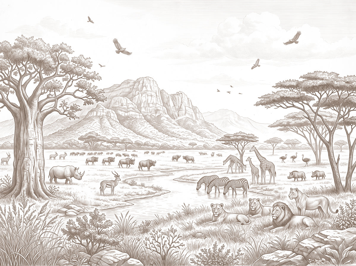 Sepia Savanna Wallpaper – Baobab, Mountains and Lions Mural