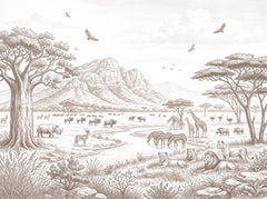 Sepia engraving-style wallpaper of the African savanna with a baobab, mountains, lions, giraffes, zebras and rhinos.