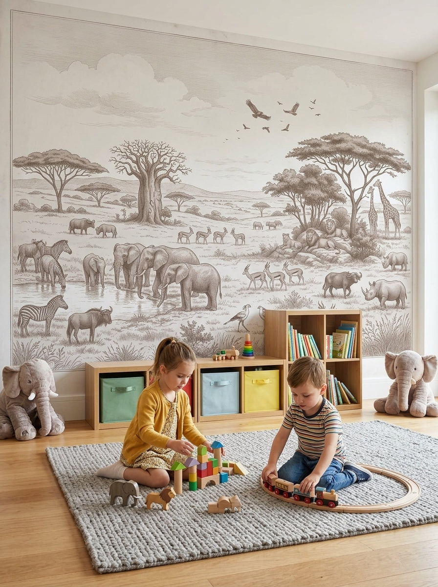 Sepia safari elephants wallpaper in a playroom with a grey rug and kids building with blocks.