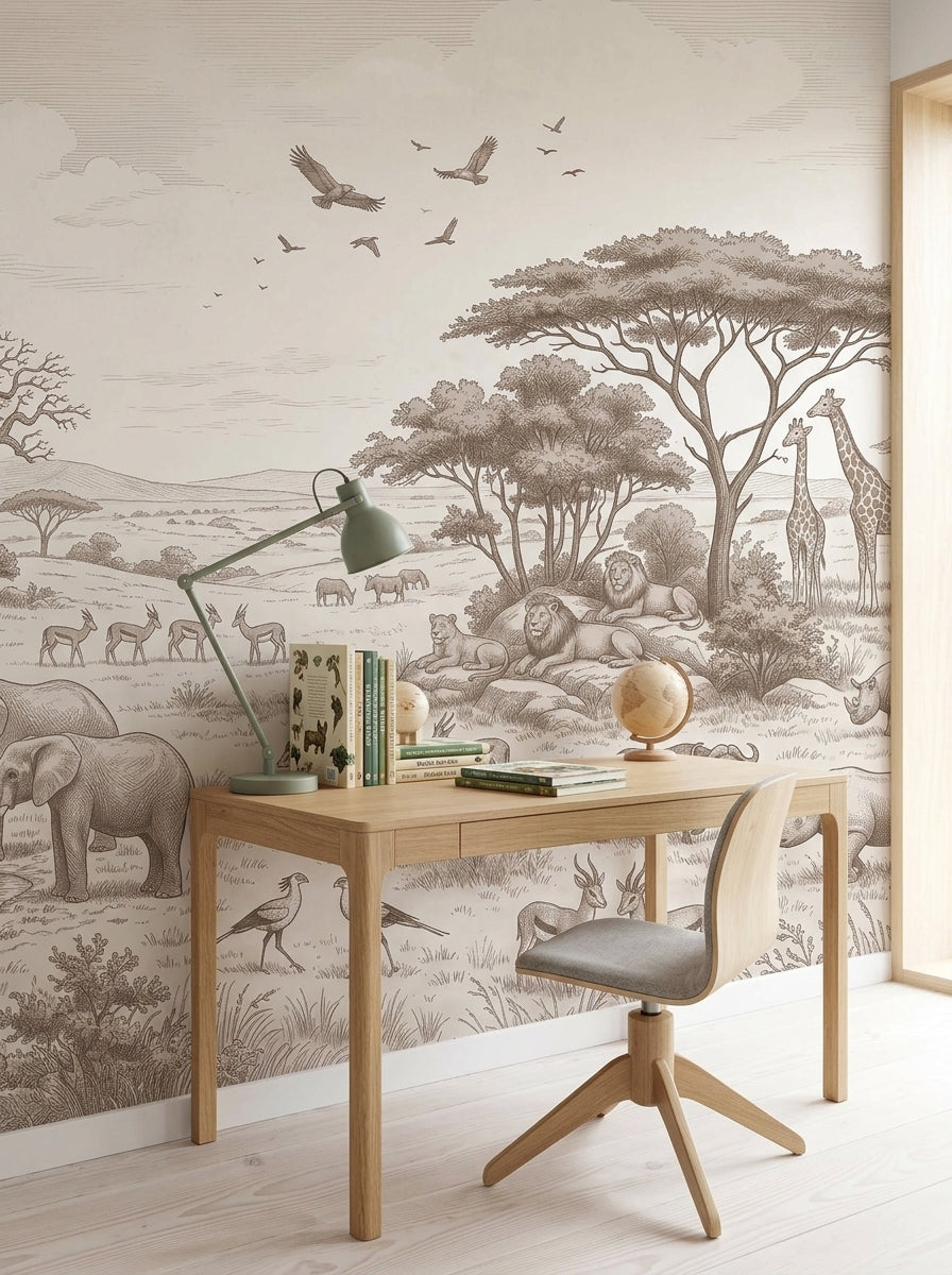 Sepia safari elephants wallpaper above a light wood desk with a green lamp.