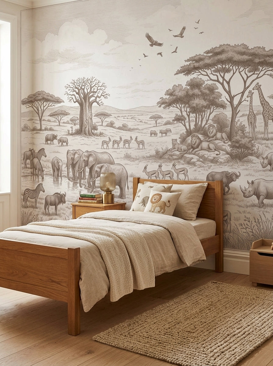 Sepia safari elephants wallpaper in a bedroom with a wooden bed and a jute rug.